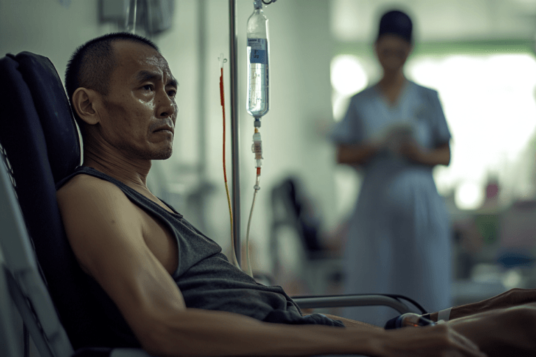 Man with thalassemia receiving blood transfusion treatment