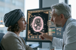 Neuro-oncologist explaining a brain MRI to a patient considering recurrent glioblastoma treatment options
