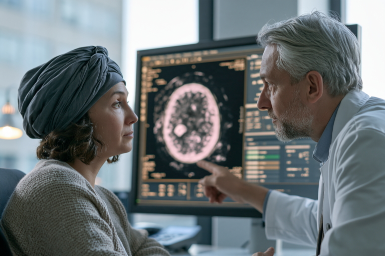 Neuro-oncologist explaining a brain MRI to a patient considering recurrent glioblastoma treatment options