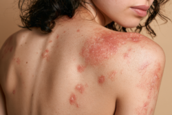 Clinical close-up of an adult's upper back and shoulder showing multiple irregular red, scaly skin plaques.