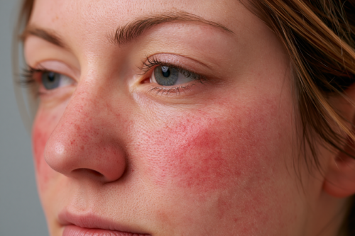 Woman with visible rosacea redness and inflamed cheek skin showing facial flushing and sensitive skin symptoms