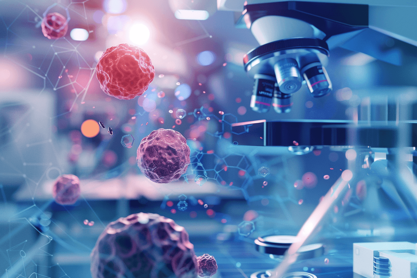Microscopic view of pancreatic cancer cells with molecular interaction representing research on alternative treatment pancreatic cancer