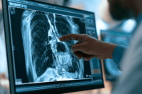 Oncologist reviewing a chest CT showing a central lung tumour while explaining small cell lung cancer survival by stage to a patient.
