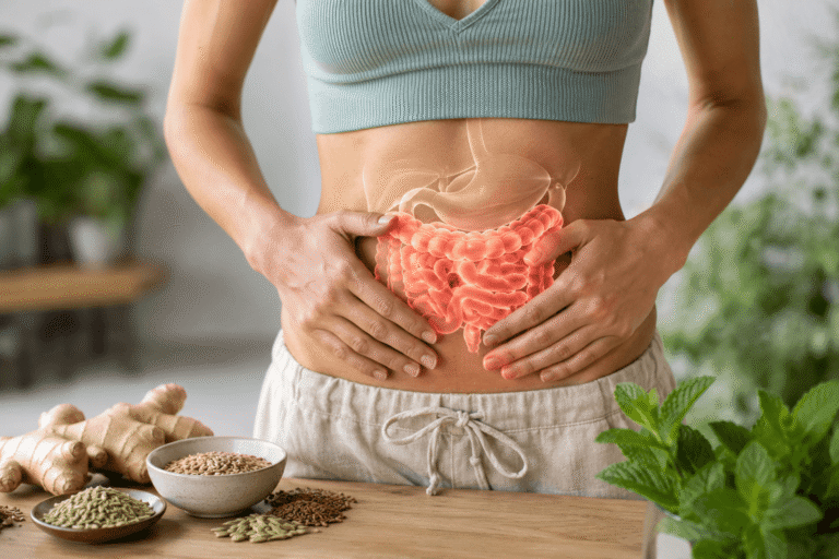 Alt text: Small Intestinal Bacterial Overgrowth SIBO digestive system and Ayurveda gut health support