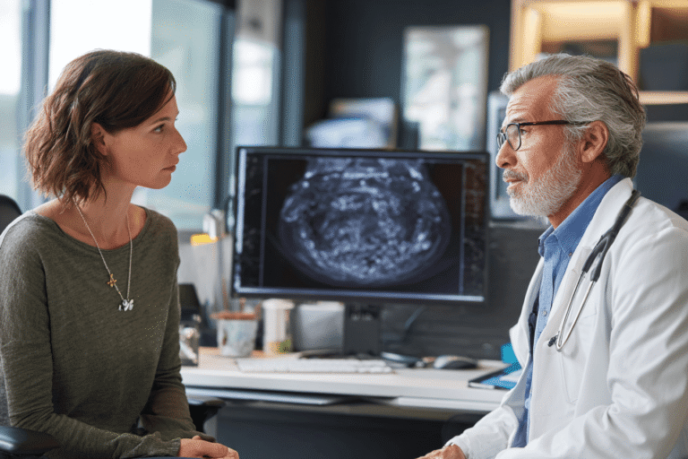 Small intestine cancer patient discussing diagnosis and treatment options with oncology specialist in a hospital cancer center