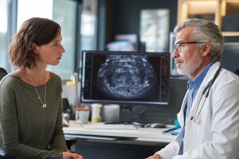 Small intestine cancer patient discussing diagnosis and treatment options with oncology specialist in a hospital cancer center
