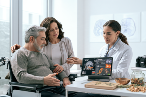 SOD1 ALS patient with caregiver discussing genetic testing and tofersen with doctor in modern clinic