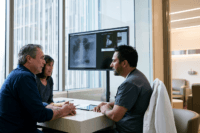 Doctor reviewing esophageal cancer imaging with a patient and companion in a modern consultation room.