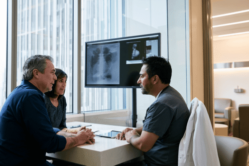 Doctor reviewing esophageal cancer imaging with a patient and companion in a modern consultation room.