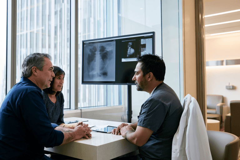 Doctor reviewing esophageal cancer imaging with a patient and companion in a modern consultation room.