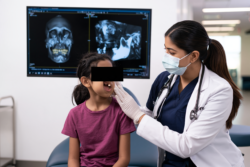 Child with thalassemia-related craniofacial changes undergoing medical examination with CT imaging in a modern hospital.