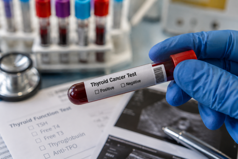 Thyroid nodule blood test sample examined in a clinical laboratory for differentiated thyroid cancer research