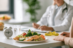 Home 9 Adult checking a healthy meal plan and clock for time restricted eating for weight loss