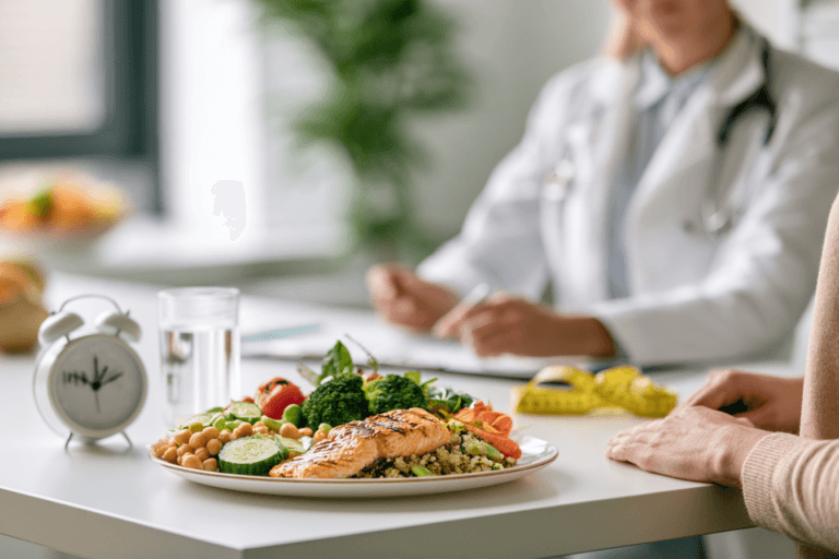 Adult checking a healthy meal plan and clock for time restricted eating for weight loss