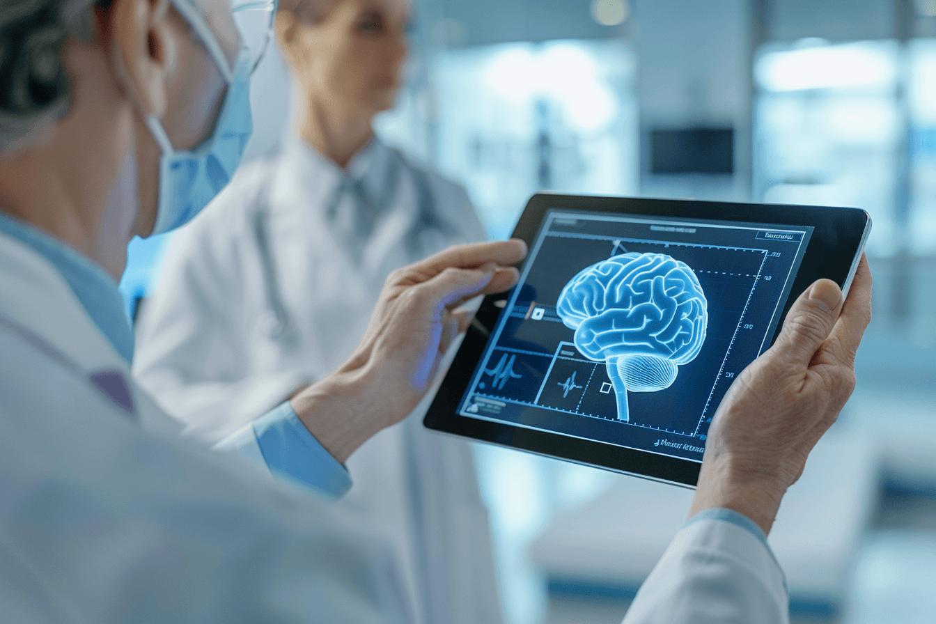 Doctor explaining glioma using 3d brain model in clinical setting