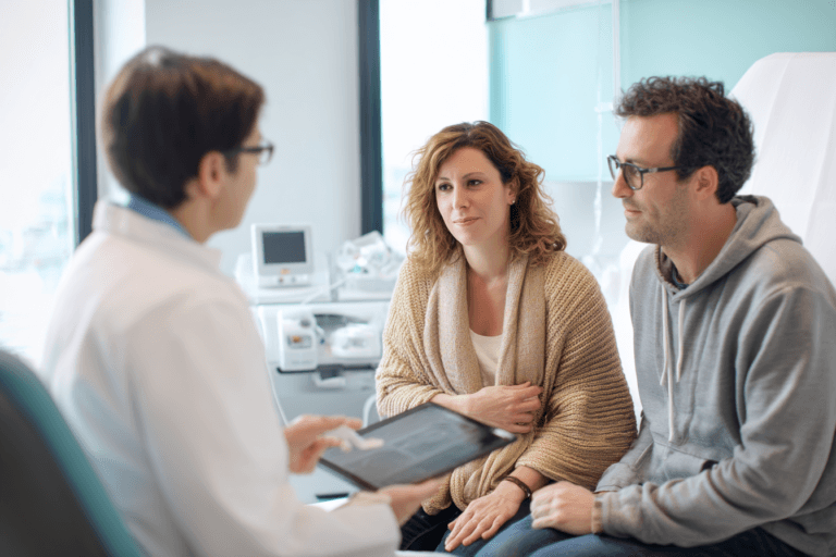 Couple discussing unexplained infertility after normal fertility test results during consultation with fertility specialist in clinic