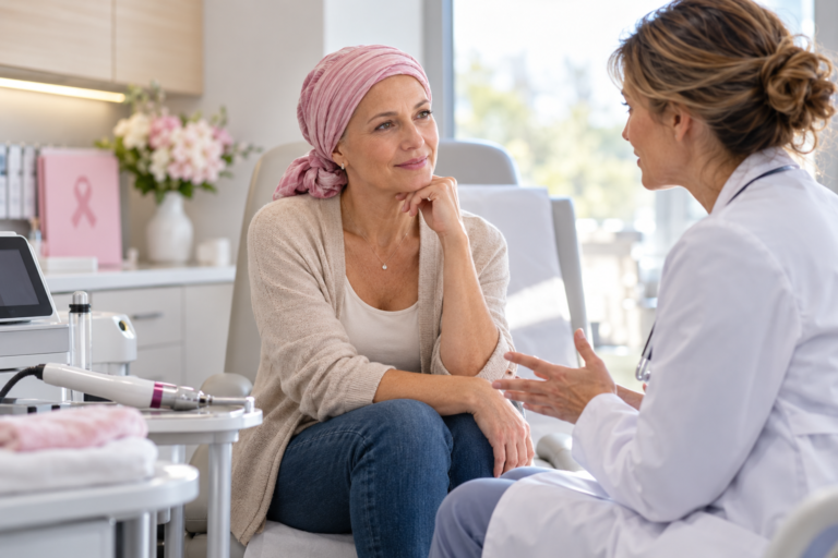 Breast cancer survivor discussing vaginal laser treatment and menopause-related vaginal symptoms with a female doctor.