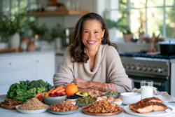 Woman with visible vitiligo seated beside vegetables, berries, legumes, grains, eggs, dairy and salmon for a balanced vitiligo diet.