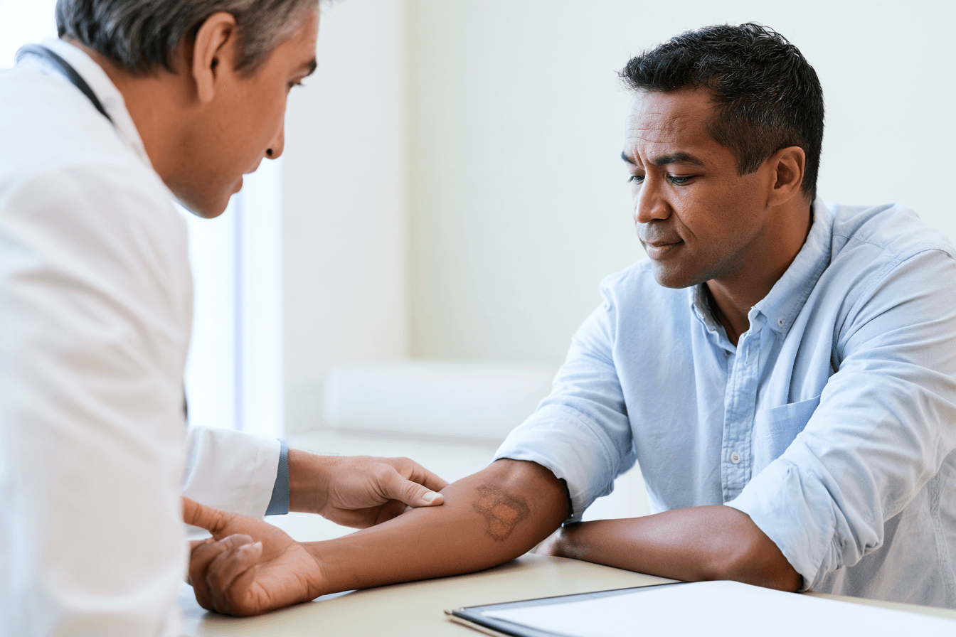 Can Vitiligo Be Cured Permanently? Treatment Results And Ayurveda 6 Dermatologist examining a white patch on a man’s forearm at a follow-up visit.