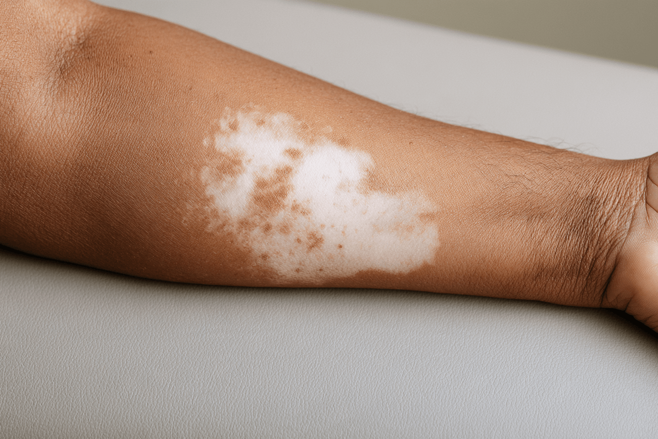 Can Vitiligo Be Cured Permanently? Treatment Results And Ayurveda 1 Small brown pigment islands within a white vitiligo patch on a forearm.