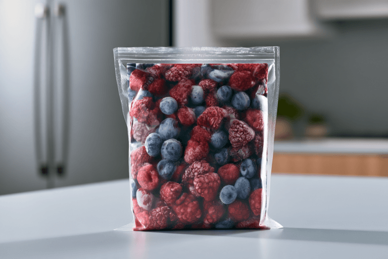 Great Value Organic Triple Berry Blend bag on a kitchen counter, illustrating the Walmart frozen berries recall.