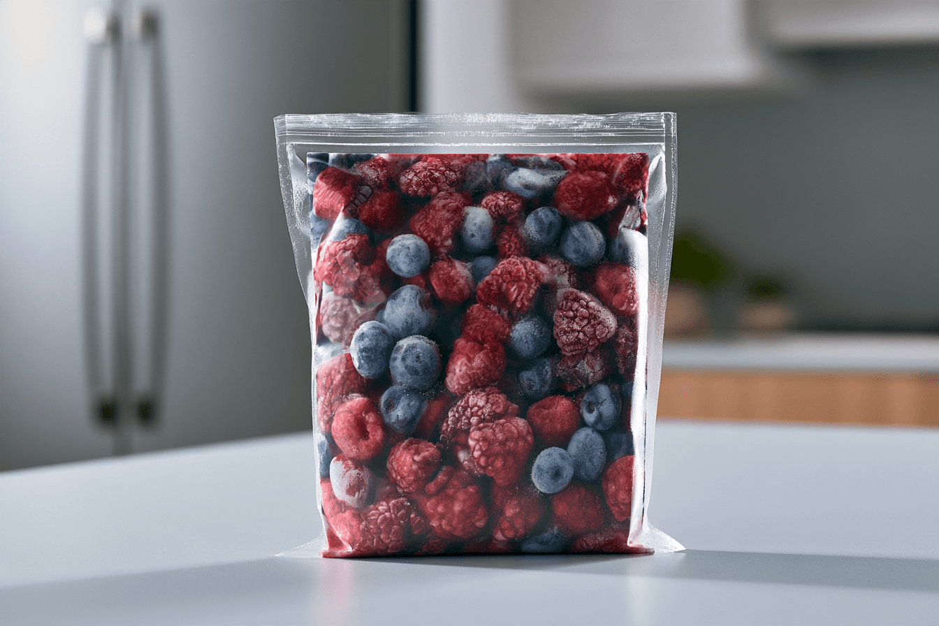 Home 5 Great value organic triple berry blend bag on a kitchen counter, illustrating the walmart frozen berries recall.