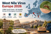 West nile virus europe 2026 outbreak update showing 1,086 local cases, 61 deaths, mosquito risk and affected european countries.