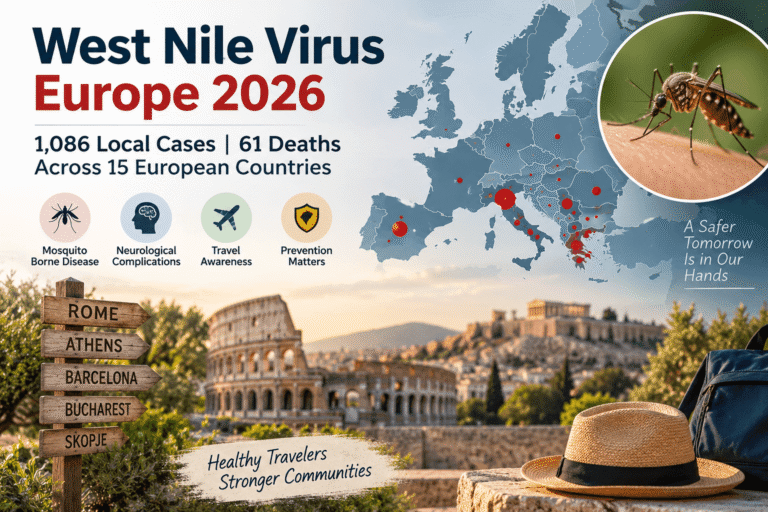 West Nile virus Europe 2026 outbreak update showing 1,086 local cases, 61 deaths, mosquito risk and affected European countries.