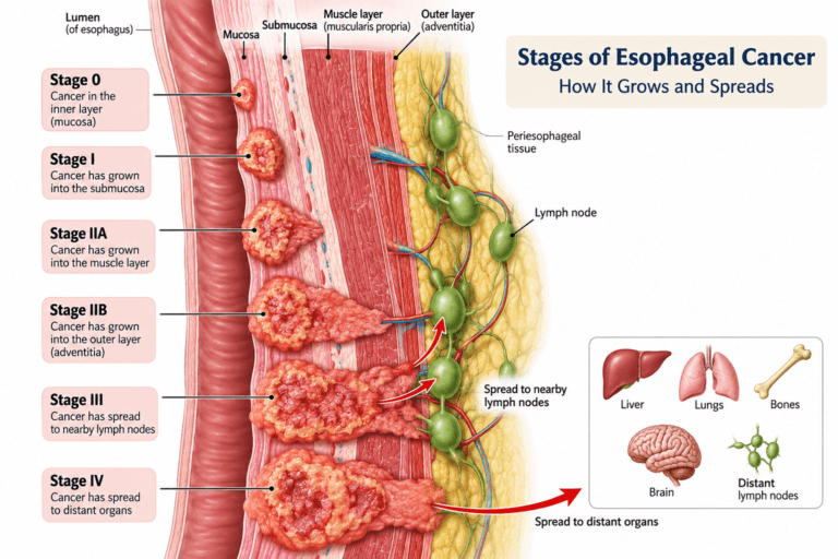 Where esophageal cancer spreads to the liver, lungs, bones, brain and lymph nodes