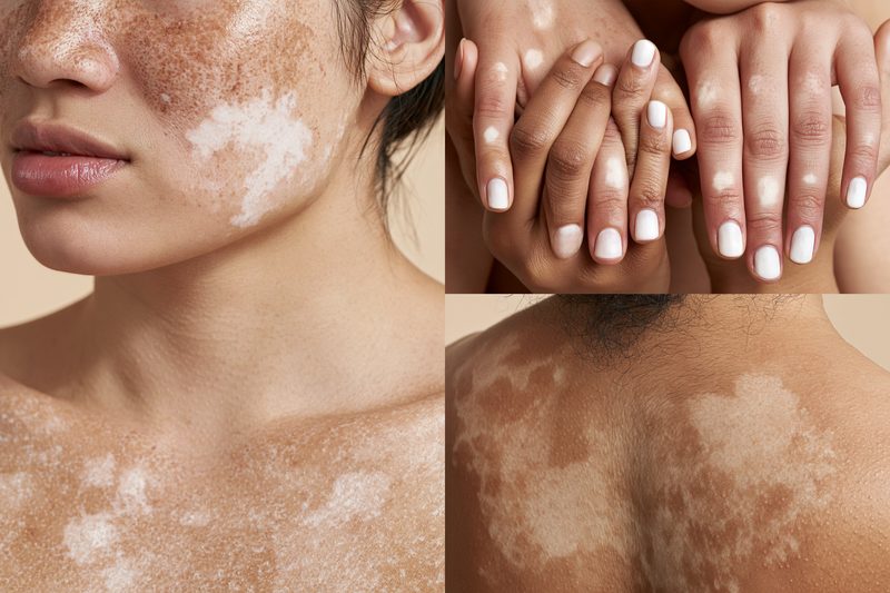 White patches on the face, hands, chest and back showing how body location can help distinguish vitiligo from fungal skin conditions.