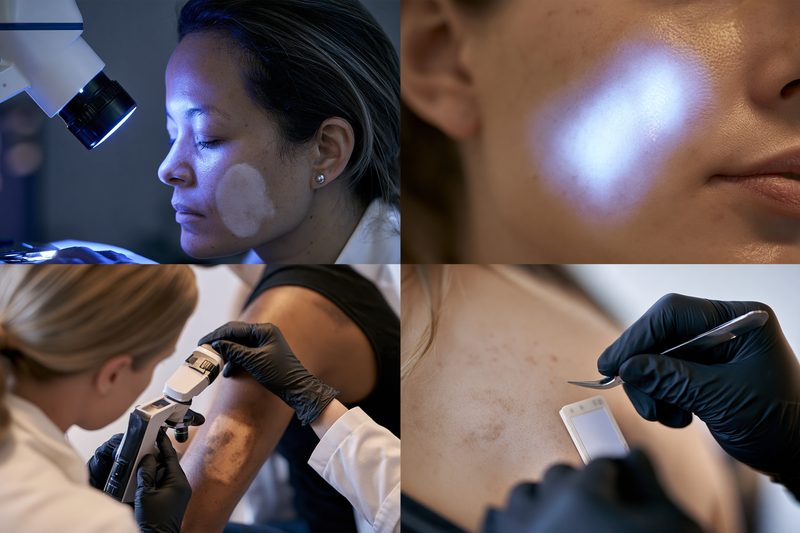 Dermatology examination of white patches on skin using wood’s lamp, dermoscopy and skin scraping for accurate diagnosis.