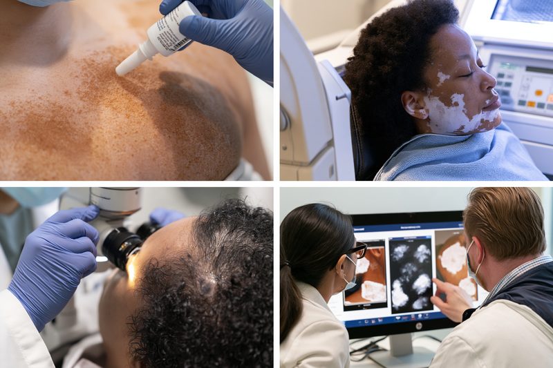 Treatment planning for white patches on skin with antifungal therapy, vitiligo assessment and medical phototherapy.