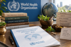 WHO traditional medicine research agenda 2025–2034 represented with Ayurvedic herbs, global health research books and evidence-based medicine documents.
