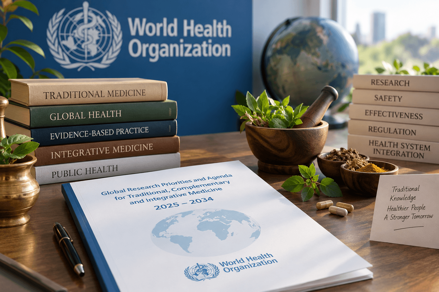 Who traditional medicine research agenda 2025–2034 represented with ayurvedic herbs, global health research books and evidence-based medicine documents.
