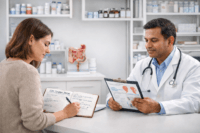 Doctor consulting a patient reviewing IBS symptoms journal during medical appointment for recurring IBS flare-ups