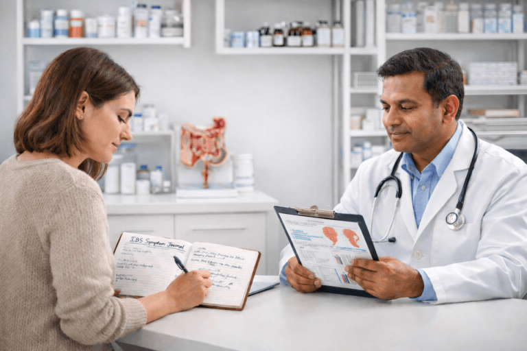 Doctor consulting a patient reviewing IBS symptoms journal during medical appointment for recurring IBS flare-ups