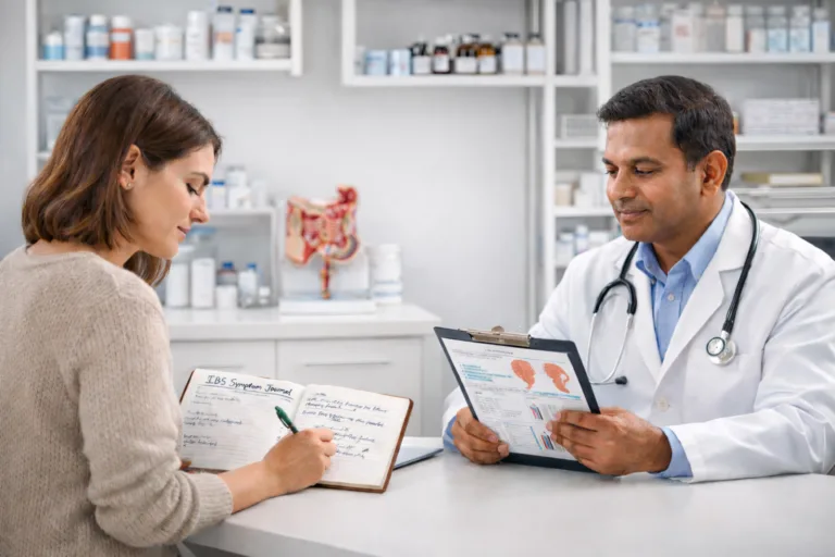 Home 1 Doctor consulting a patient reviewing ibs symptoms journal during medical appointment for recurring ibs flare-ups
