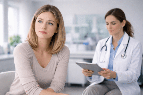 Female patient discussing herpes test results with doctor in clinical consultation room